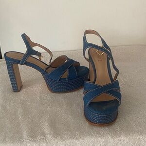 SCHUTZ Denim Blue Platform Sandals with Block Heel